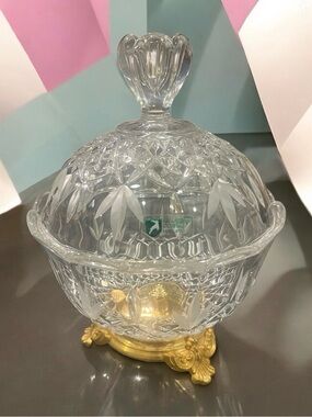Vintage Killarney Crystal lidded candy bowl with 22-carat gold base.